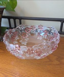Vtg Pink Floral Pressed Glass Decorative Bowl - Approx 8.5" Diameter