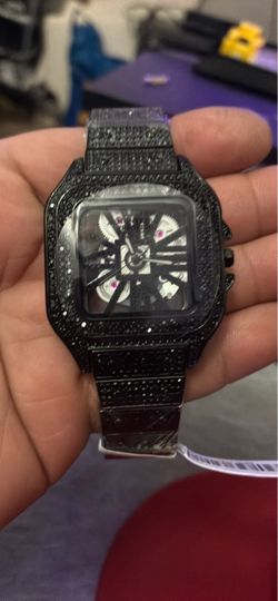 Black Iced Out Skeleton Dial Watch