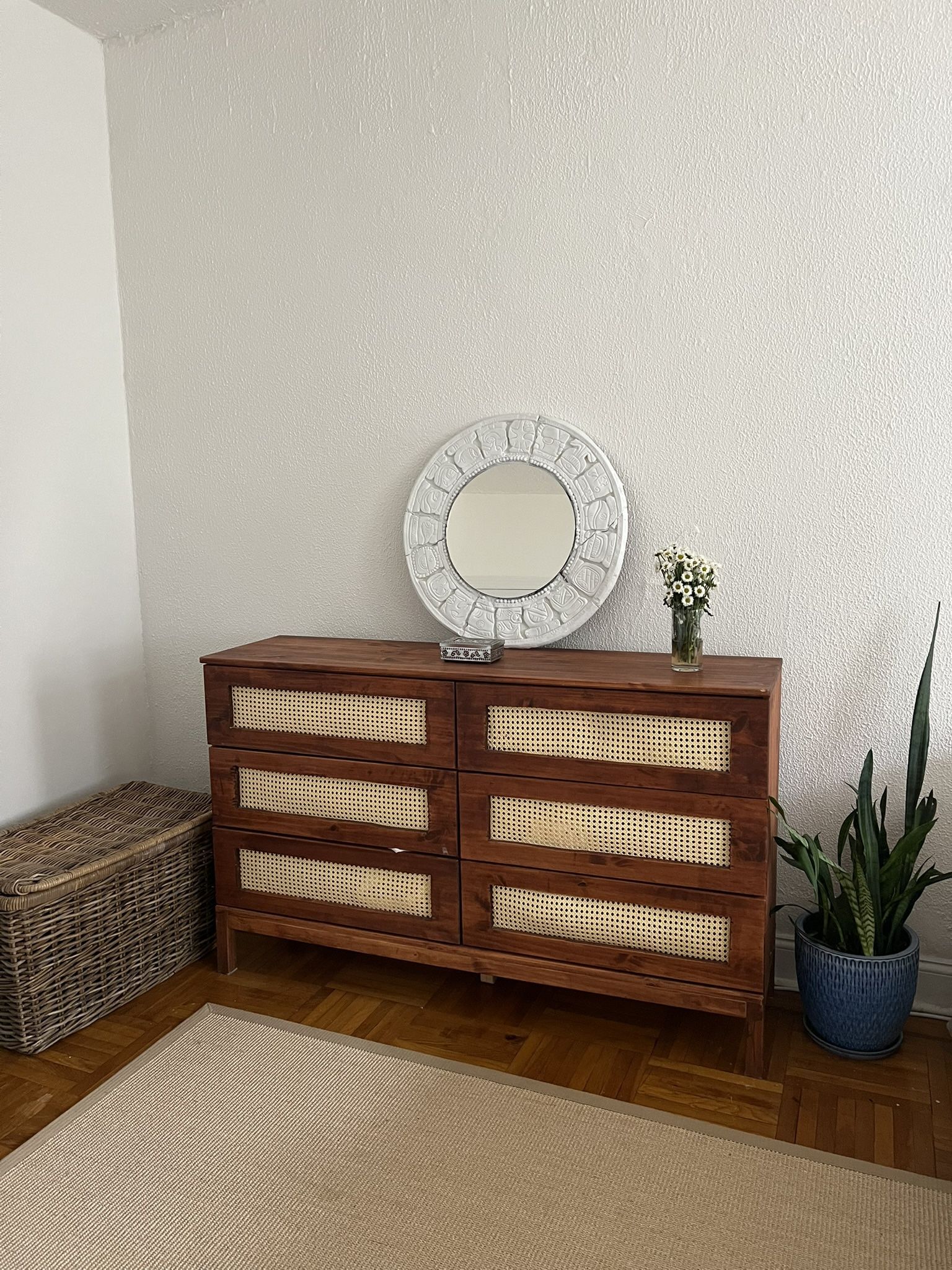 Vintage hand-stained midcentury modern dresser with custom cane detailing