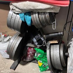 Olympic steel weights (t475LBS TOTAL) less than a dollar per pound + weight tree