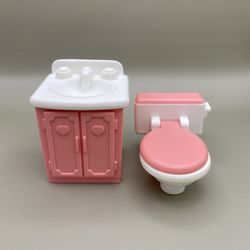Vintage Fisher Price Loving Family Dollhouse Furniture Doll Pink Bathroom Vanity Sink & Toilet