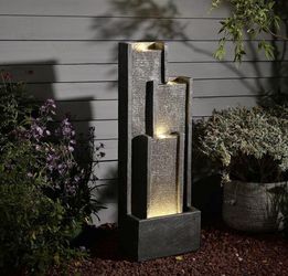 FF2010 39" Modern Water Fountain Outdoor – Tiered Grey Rectangle Outdoor Waterfall Fountain with LED