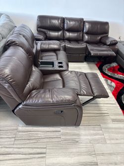 Let the time sale. Madrid Brown, leather reclining sofa and loveseat set only $999. Easy finance option. Same-day delivery.