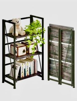 4NM No-Assembly Folding Bookshelf Storage Shelves 3 Tiers Vintage Bookcase Standing Racks Study Organizer (Gray and Black) Reg. Retail $150.00