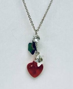 Y2K era charm jumble necklace red heart blue silver stars rhinestone 18” chain