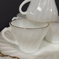 Fire-King Swirl Milk Glass Gold Trim Set for 4 Vntg Mid-Century