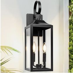 19" Black Outdoor Wall Lantern 2-Light, Large Outside Modern Wall Sconce Light Fixture, Industrial Porch Light Wall Mount with Glass, Waterproof Farmh