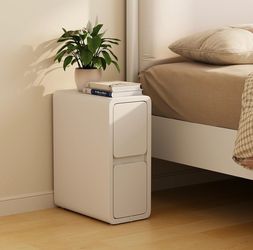 AQIMUELE Narrow Nightstand - Narrow Bedside Table with Drawers, Wood Small Nightstand with Leather Surface for Bedroom, White - 7.9" W