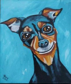 8x10 inch black miniature pincher dog painting
