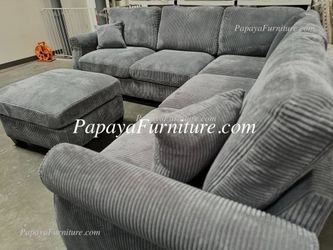 Dark Grey Sectional Sofa and Ottoman Set Couch Fabric Corner Ashley Style Modern Classic High Back Cushion Gray Green Black Ivory White Beige Big SALE