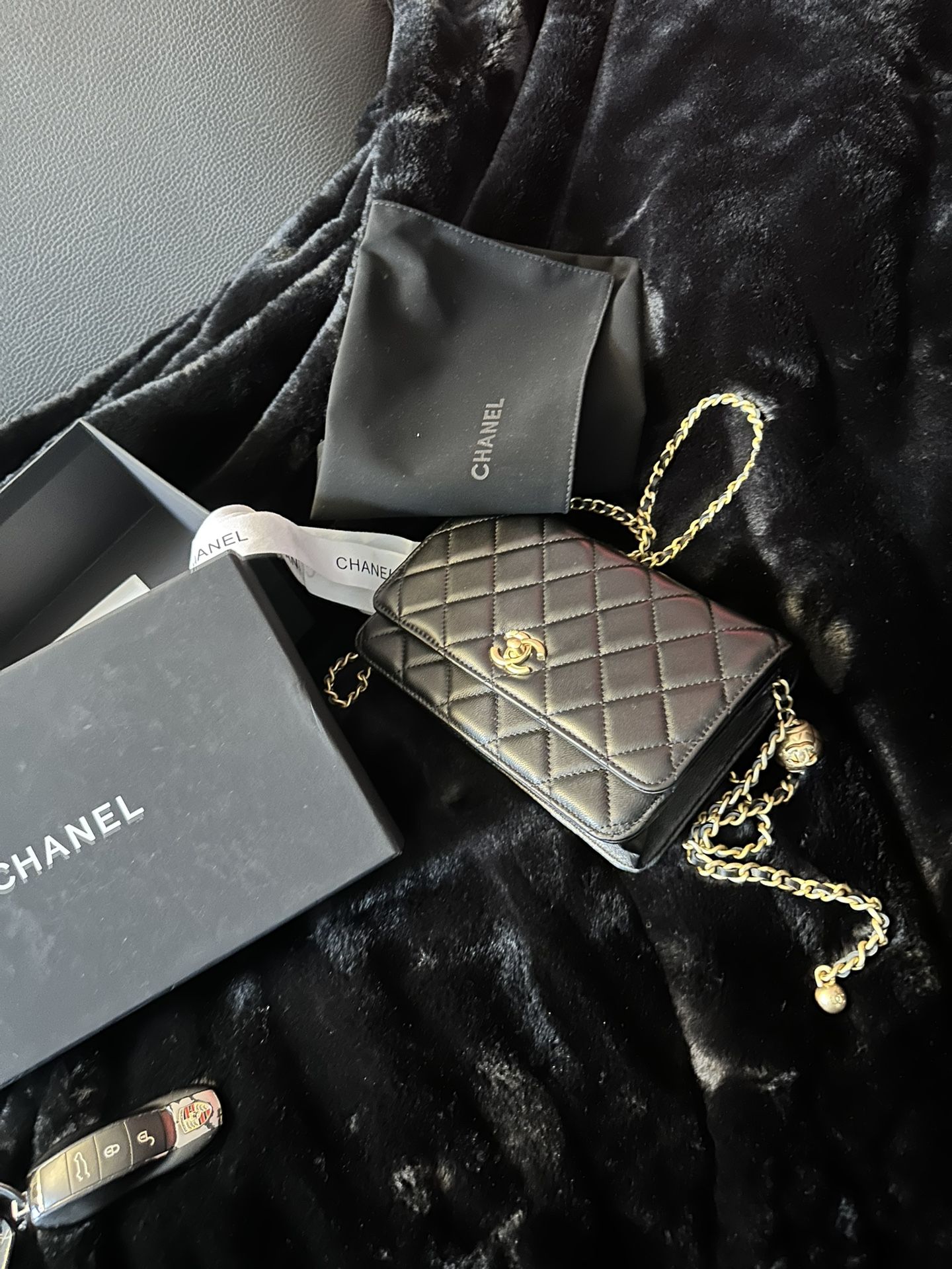 CHANEL Lambskin Quilted CC Pearl Crush Wallet on Chain WOC Black 1198222