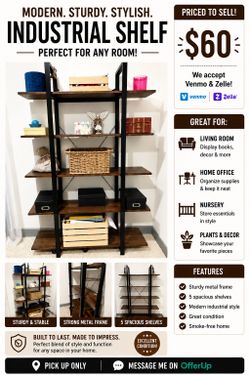 Industrial Bookshelf | 5 Tier Wood & Metal Shelf | Modern Storage Organizer | $60