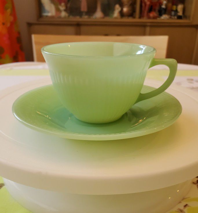 Vintage Fire King Jadeite Jane Ray Cup And Saucer PENDING/PAID