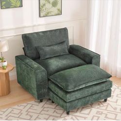 Modern 52 in. Square Arm 2-Piece Chenille Sectional Sofa Single Accent Chair with Ottoman and Pillow in Green(1P+OT)