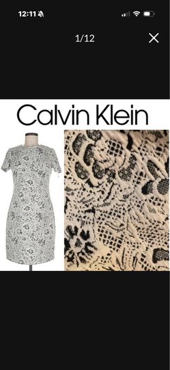 Calvin Klein ivory and charcoal gray floral jacquard sheath dress Size 8