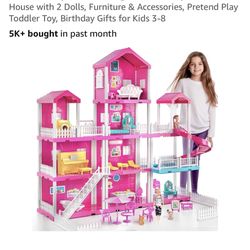 Pink Villa Playset for Girls Ages 3-7, 4-Story 10-Room House with 2 Dolls, Furniture & Accessories, Pretend Play Toddler Toy, Birthday Gifts for Kids 