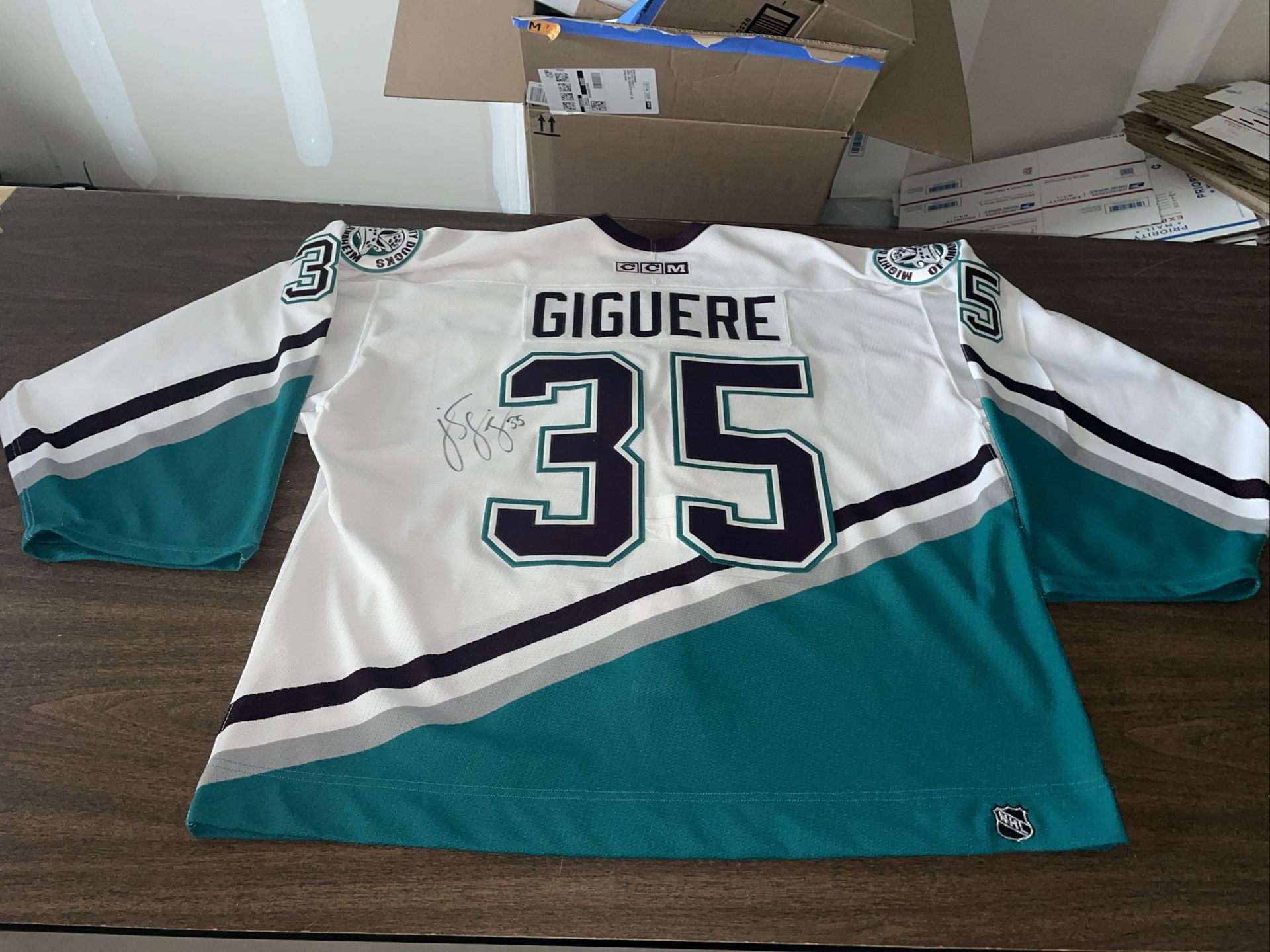 Authentic Jean-Sebastien Giguere Anaheim Ducks Jersey 58 Goalie Cut Auto Mic