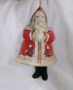 Vintage Santa Claus Bell Ornament Ceramic Hanging Figurine Red Coat Boots