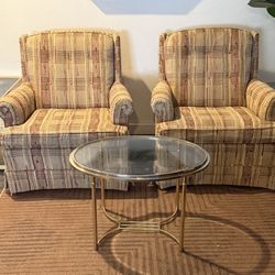 2 Vintage Mid Century Ethan Allen Traditional Classics Tweed Plaid Skirted Tufted Armchairs