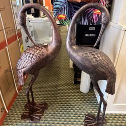 Cast Aluminum Cranes for Yard Garden Sculpture Pair Statue - Upright and Preening Standing Crane Heron