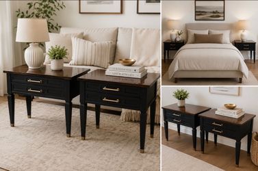 Elegant Black & Walnut End Tables / Nightstands – Set of 2 – Brass Hardware