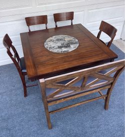 6-PC HIGH TOP DINING SET BROWN FINISHED WITH LAZY SUSAN (1 TABLE, 1 LARGE BENCH AND 4 PADDED CHAIRS)