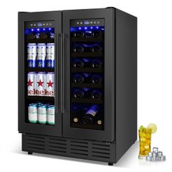 24 Inch Dual Zone Wine and Beverage Refrigerator, Beverage Cooler Fridge with Glass Door, Built-In Cooler with Powerful and Quite Cool System/18 Bottl