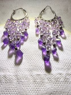 Sterling Silver Amethyst Bead Dangle Hoop Earrings