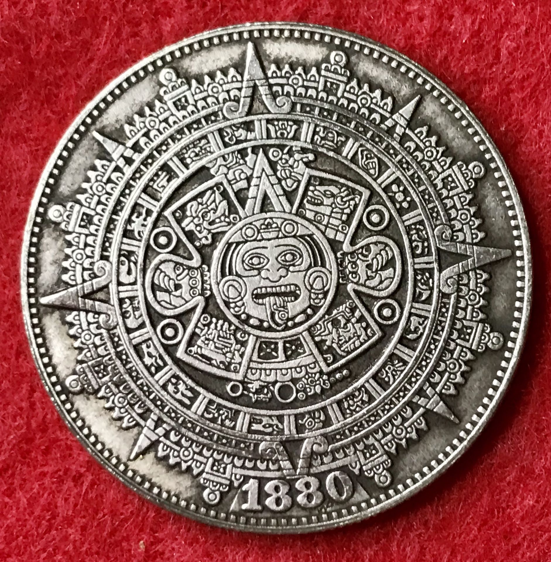 Aztec Calendar Highly Detailed Tibetan Silver Coin. First $20 Offer Automatically Accepted. Shipped Same Day