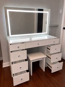 White Vanity Desk with LED Mirror and Stool