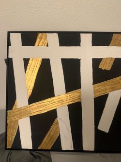 Modern Abstract Canvas - Black White Gold Framed - 24x24 Textured Art