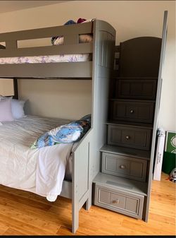 Gray Wood Bunk Bed with Storage Stairs