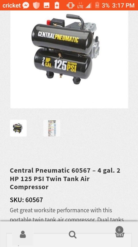 Central Pneumatic twin tank 4 gallon 2 hp 125 PSI portable air compressor for Sale in Portland OR OfferUp