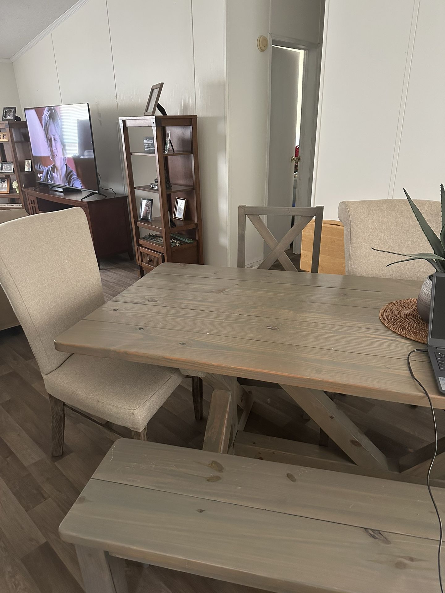6 Foot Farm Table With Bench And 5 Chairs