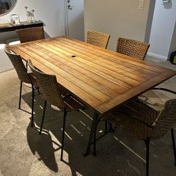 Crate and Barrel Dining Set — Wood and Iron Table + 6 Rattan Wicker and Iron Chairs