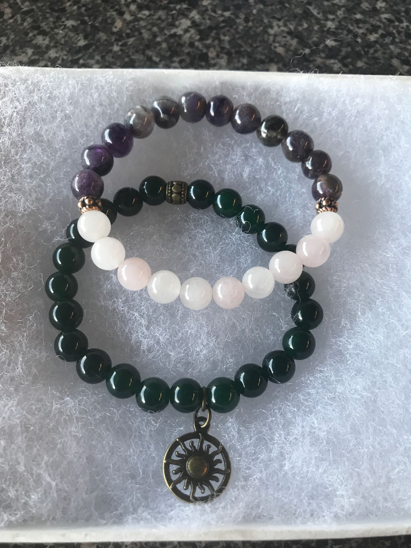 African jade with sun charm and amethyst with rose quartz bracelet