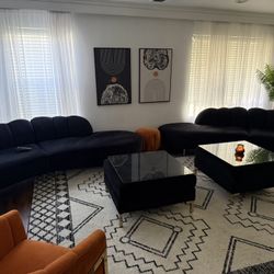 Complete Living Room Set – Black Couches + 2 Coffee Tables+Accent Chairs