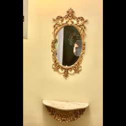 Vtg. 1950s Gold Hollywood Regency Wall Oval Mirror + Half-Shelf Marble Top Turner Manufacturing Co. Chicago Ornate 