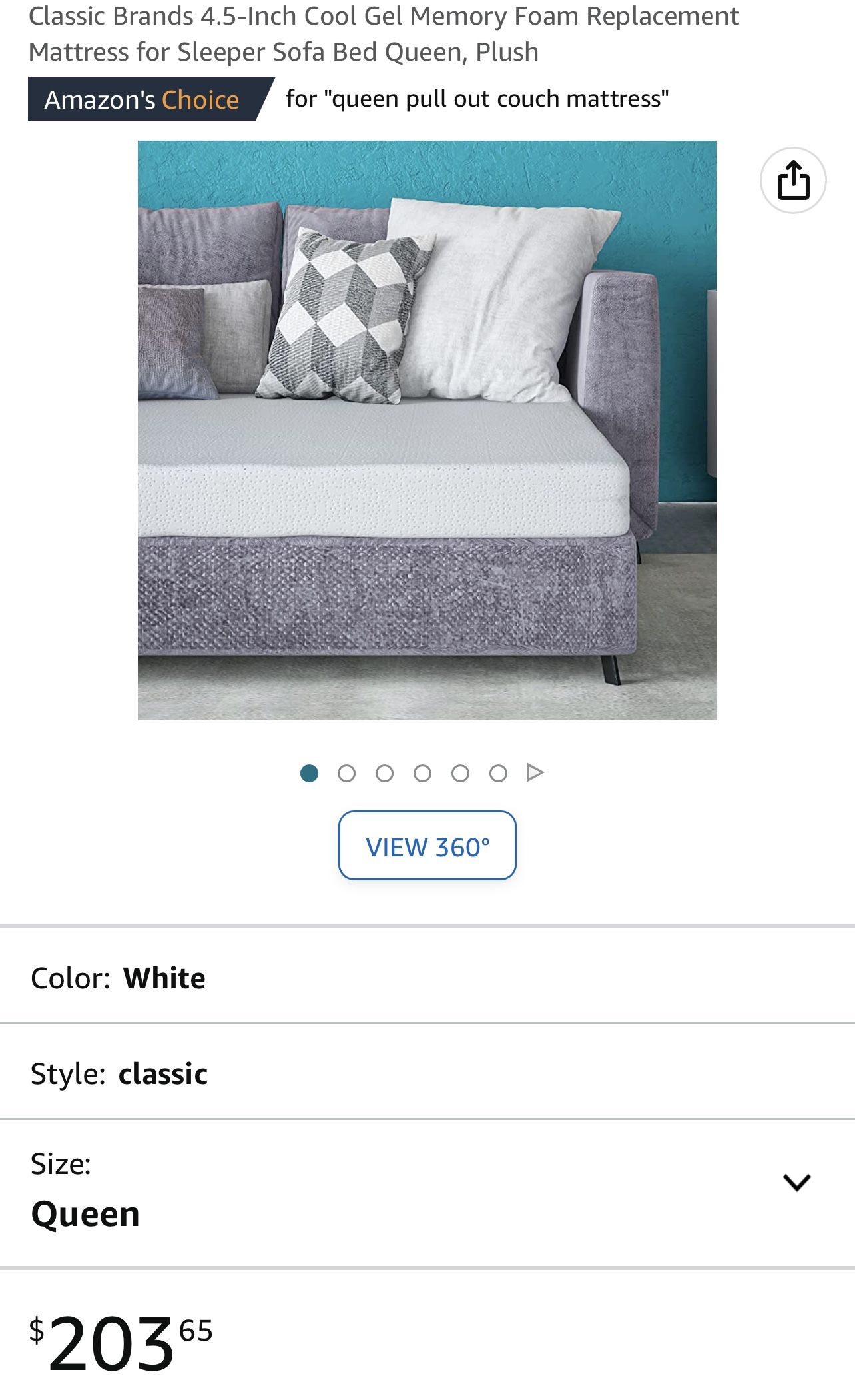 Classic Brands Memory Foam Sofa Mattress Replacement Bed Queen Size