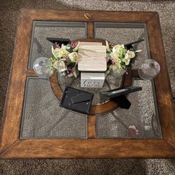 SOLID OAK GLASS METAL TABLE 