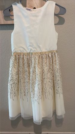 Girls White & Gold Sequin Formal Dress