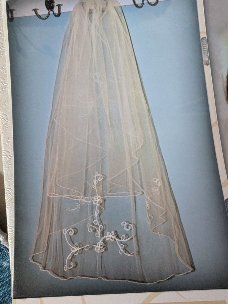 Wedding gown and Veil. Cream Colored and strapless with some bling