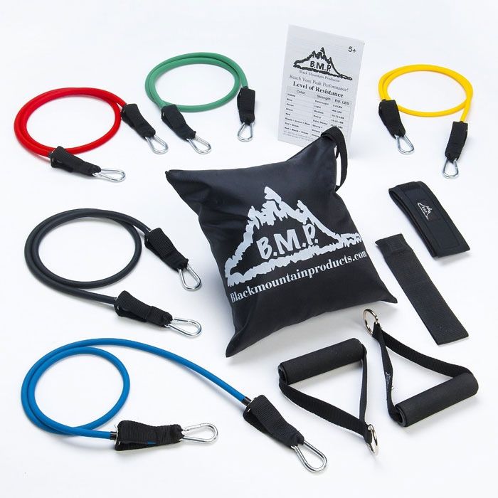 EXERCISE RESISTANCE BAND SET – BLACK MOUNTAIN PRODUCTS 11 PIECE RUBBER RESISTANCE BAND SET WITH DOOR ANCHOR STRAP, EXERCISE CHART AND RESISTANCE BAND