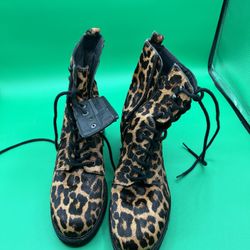 Leopard Print Calf Hair Combat Boots Size 8 1/2