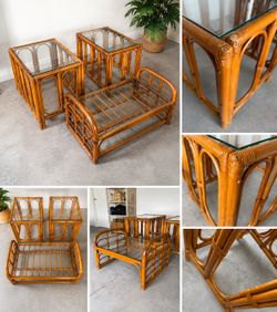 Vintage Rattan/Bamboo Side Tables & Footstool Set – Boho, Coastal