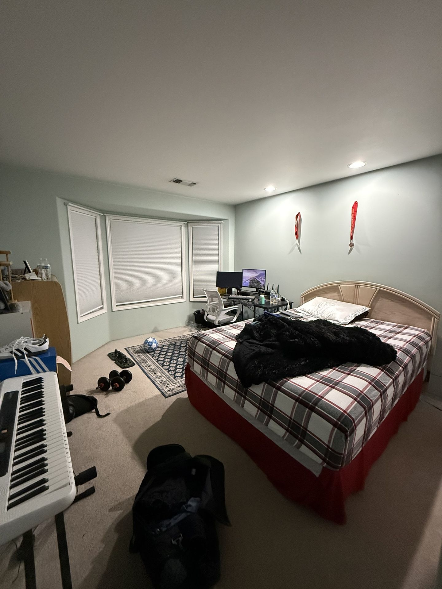 Queen size Bed frame with mattress, dresser and drawers
