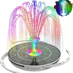 6.5W LED Solar Fountain Pump with Lights, for Bird Bath/Pool with 16 DIY Nozzles, Solar Water Fountain with 3000mAh Battery and 8 Color LED Lights and