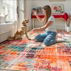 4x6, Modern Washable Non Slip Rug Non Skid, Ultra Thin Foldable Soft No Shedding Carpet for Living Room Bathroom Playroom Office - Multicolor