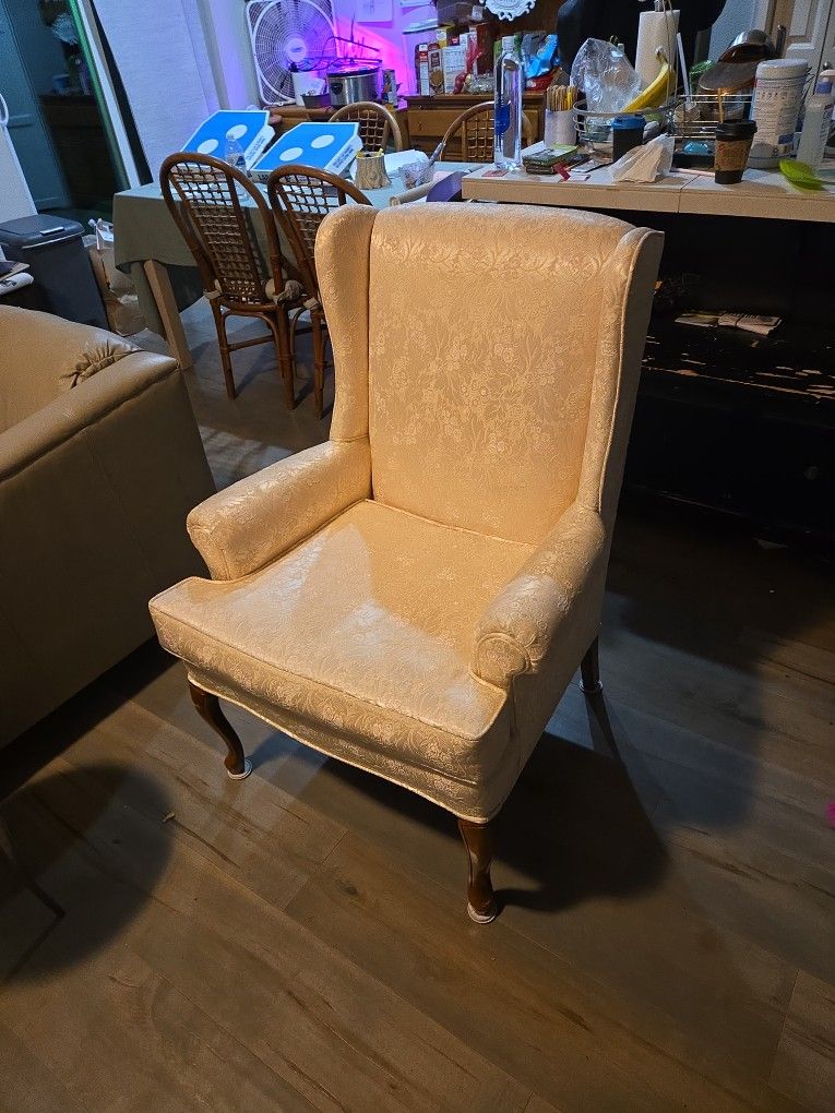 White Brocade Chair With Footstool Like New