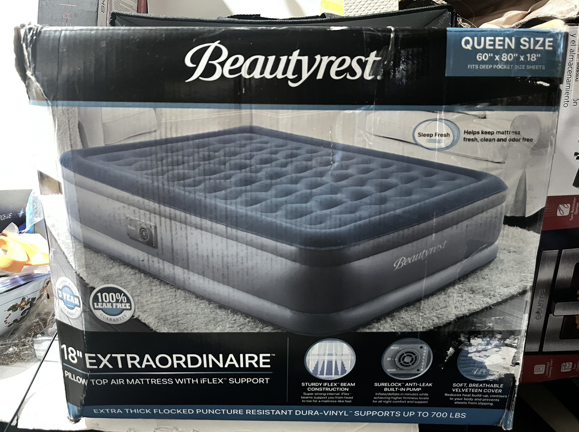 Beautyrest 18” extraordinaire air mattress with built-in pump queens size (new,open box)
